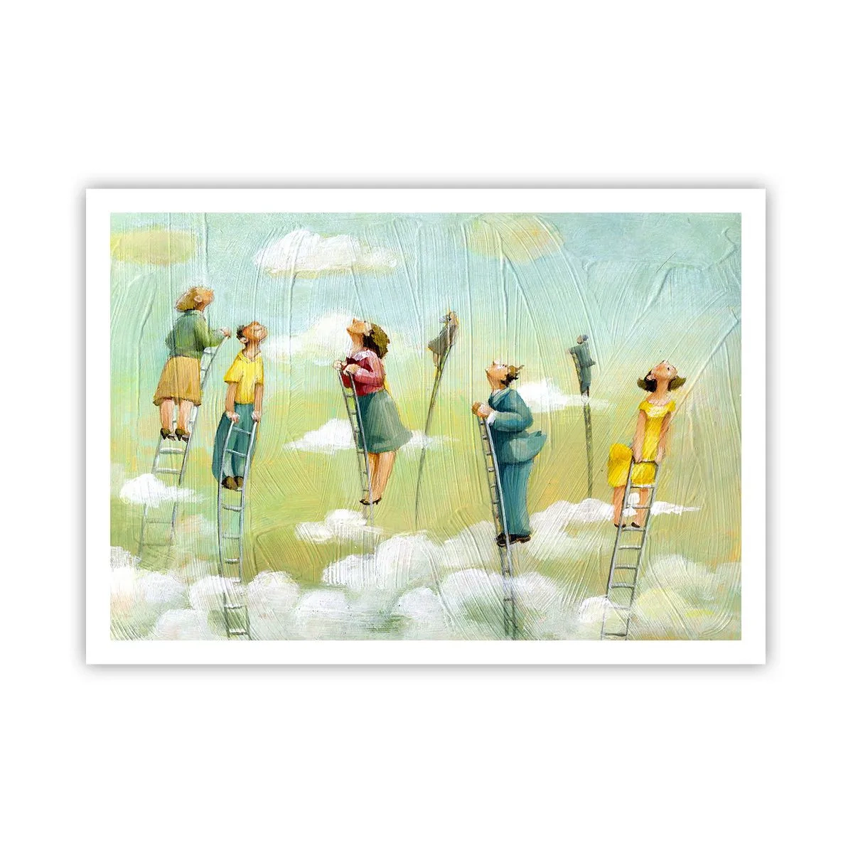 Plakat - Postacie wspinające się po drabinach wśród chmur na pastelowym tle - 100x70cm - Za swoim marzeniem - Nowoczesna dekoracja ścienna do salonu i sypialni ARTTOR
