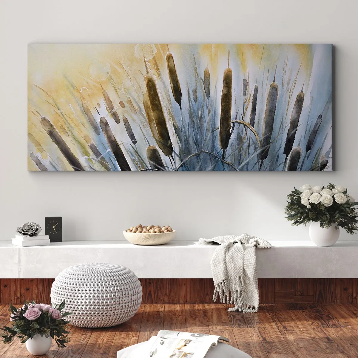 Obraz na płótnie - Malownicze trzciny w promieniach słońca - 120x50cm - Chłód wody, słońca żar - Nowoczesna dekoracja ścienna do salonu i sypialni ARTTOR