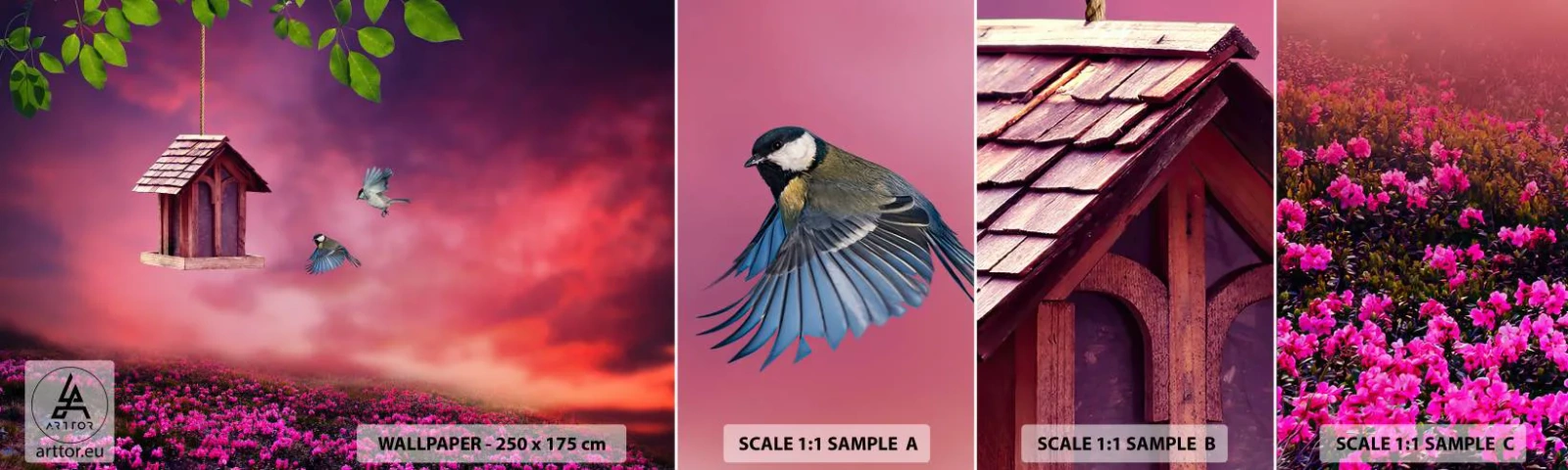 Fototapeta Próbka Standard Eco - Zaproszenie na kolację - Krajobraz, Kwiaty, Domek Dla Ptaków - 100x30 cm