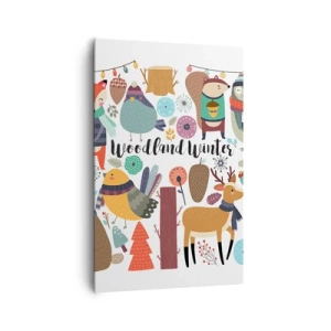 Obraz na płótnie - Zimowe leśne zwierzęta w kolorowej grafice - 80x120cm - Bajkowe święta w lesie - Nowoczesna dekoracja ścienna do salonu i sypialni ARTTOR