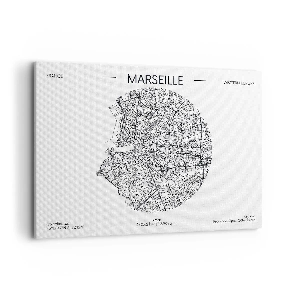 Obraz na płótnie - Mapa Marsylii w minimalistycznym stylu - 100x70cm - Anatomia Marsylii - Nowoczesna dekoracja ścienna do salonu, kuchni i sypialni ARTTOR