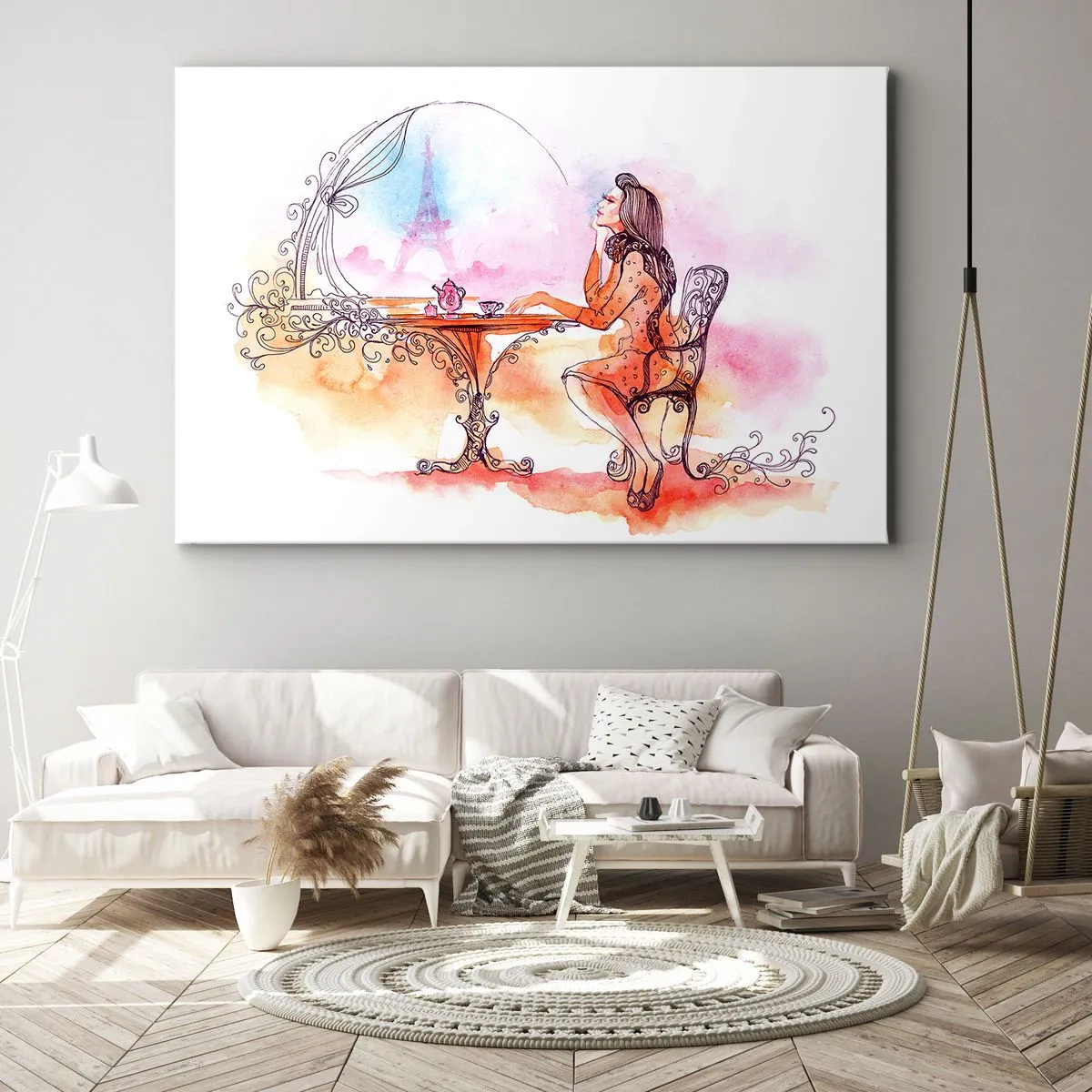 Obraz na płótnie - Romantyczna akwarela kobiety w kawiarni z widokiem na wieżę - 70x50cm - Paryski szyk - Nowoczesna dekoracja ścienna do salonu i sypialni ARTTOR