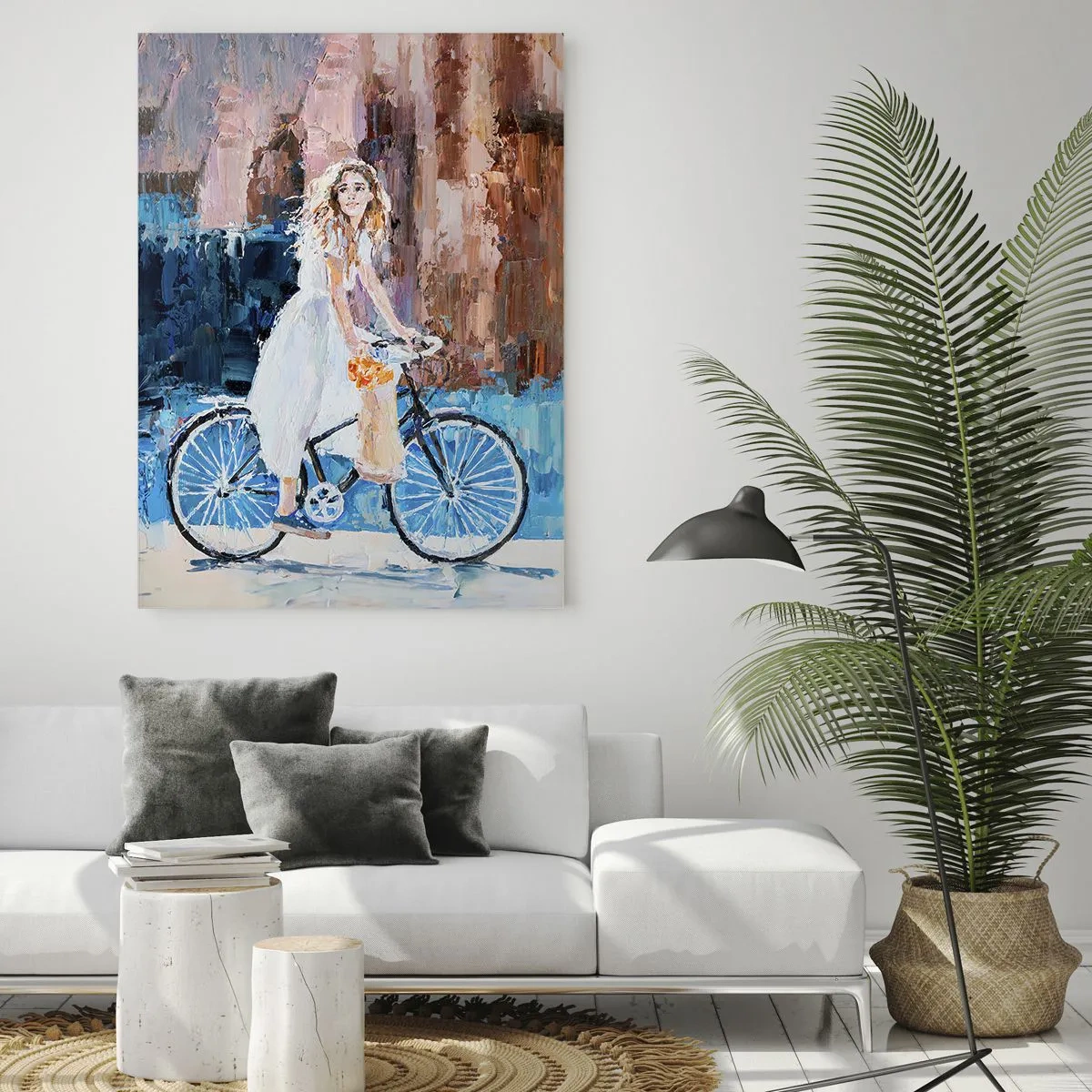 Obraz na szkle - Kobieta w białej sukni na rowerze w impresjonistycznym stylu - 70x100cm - Radość o poranku - Nowoczesna dekoracja ścienna do salonu i sypialni ARTTOR