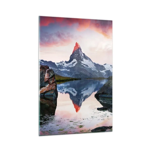 Obraz na szkle - Górski szczyt odbijający się w jeziorze o zachodzie słońca - 80x120cm - Serce gór jest gorące - Nowoczesna dekoracja ścienna do salonu i sypialni ARTTOR