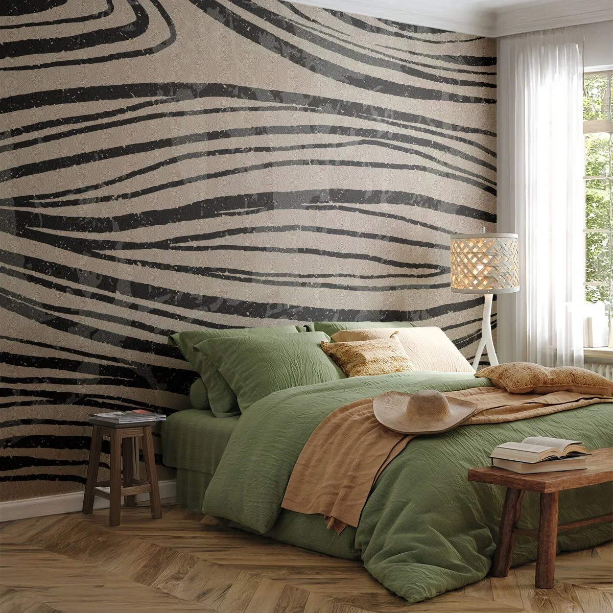 Fototapeta Premium Sand - Abstrakcyjne linie w odcieniach czerni na beżowym tle - 100x70cm - Rozlewisko linii - Nowoczesna dekoracja ścienna do salonu, kuchni i sypialni ARTTOR