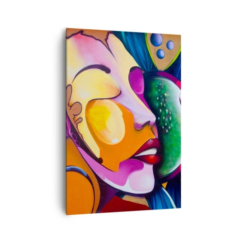 Obraz na płótnie - Kolorowa abstrakcja z motywem twarzy w dynamicznej kompozycji - 70x100cm - Dotknąć kolorem - Nowoczesna dekoracja ścienna do salonu i sypialni ARTTOR