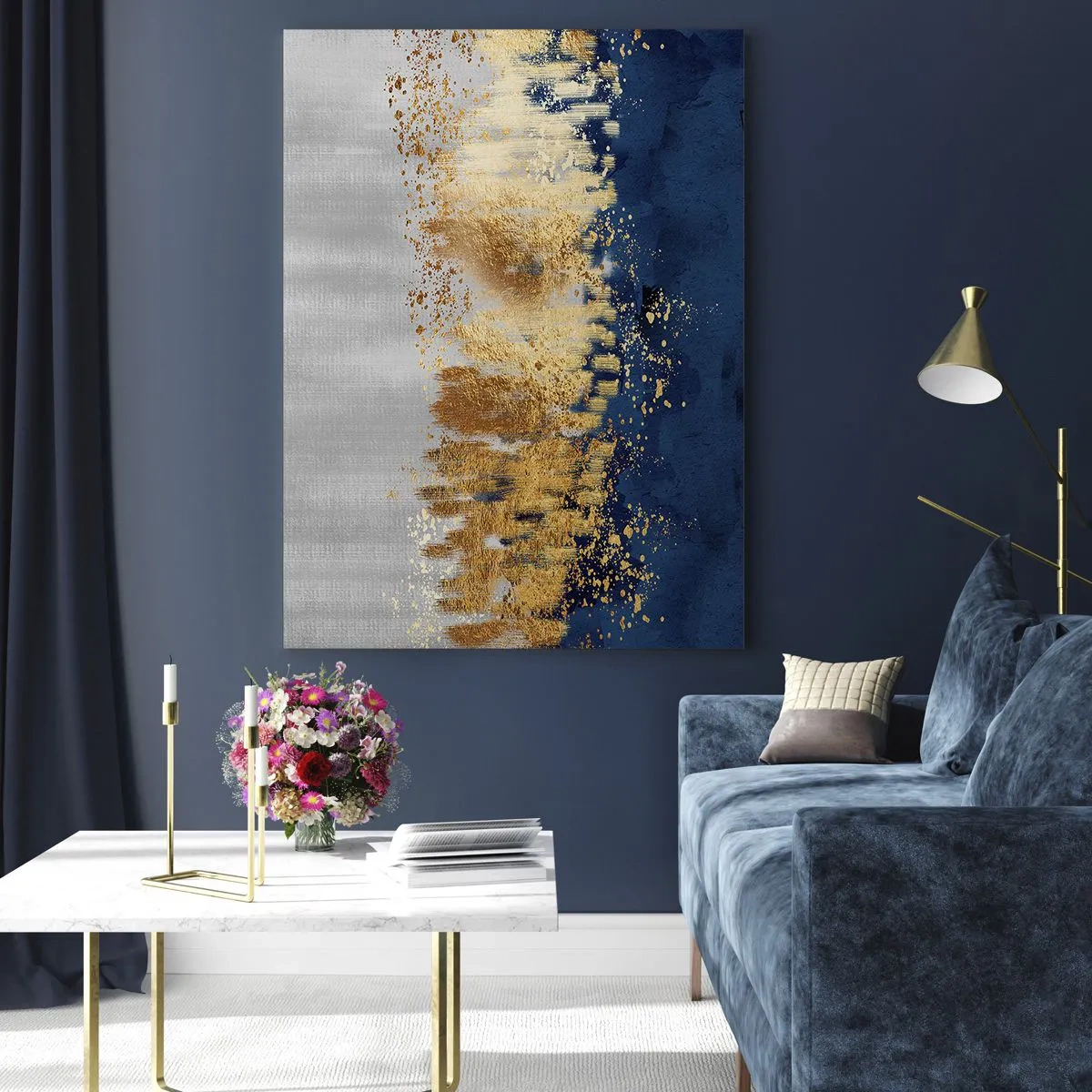 Obraz na szkle - Złote akcenty na granatowym i srebrnym tle - 50x70cm - Nowoczesna kompozycja z błyskiem - Nowoczesna dekoracja ścienna do salonu, kuchni i sypialni ARTTOR