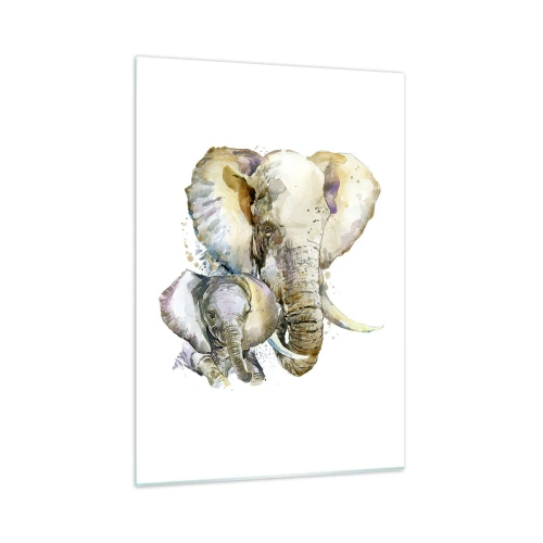 Obraz na szkle - Artystyczne słonie w akwarelowym stylu na białym tle - 50x70cm - Nie ma jak u mamy - Nowoczesna dekoracja ścienna do salonu, kuchni i sypialni ARTTOR