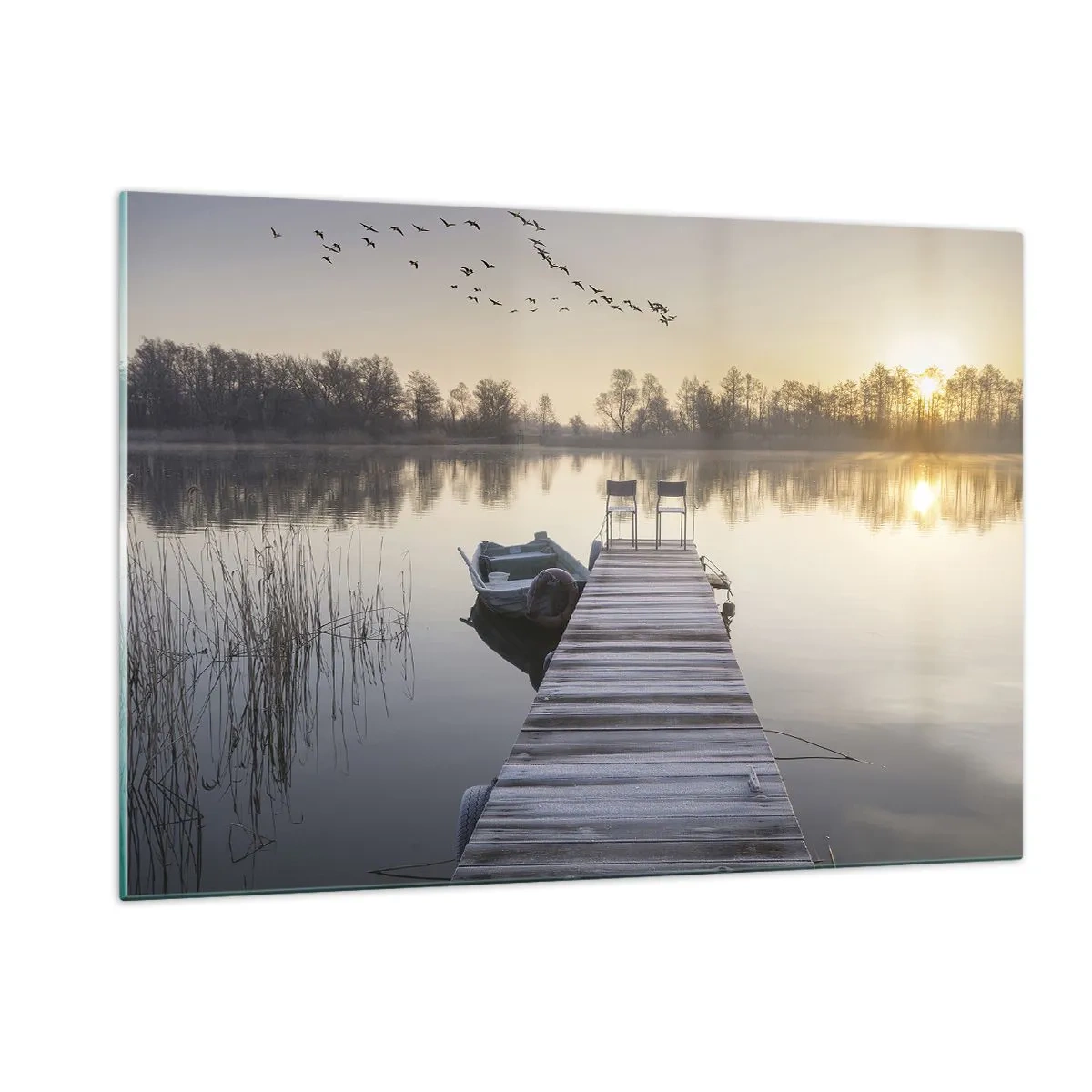 Obraz na szkle - Poranek nad jeziorem z pomostem - 120x80cm - Wrócę za jakiś czas - Nowoczesna dekoracja ścienna do salonu, kuchni i sypialni ARTTOR