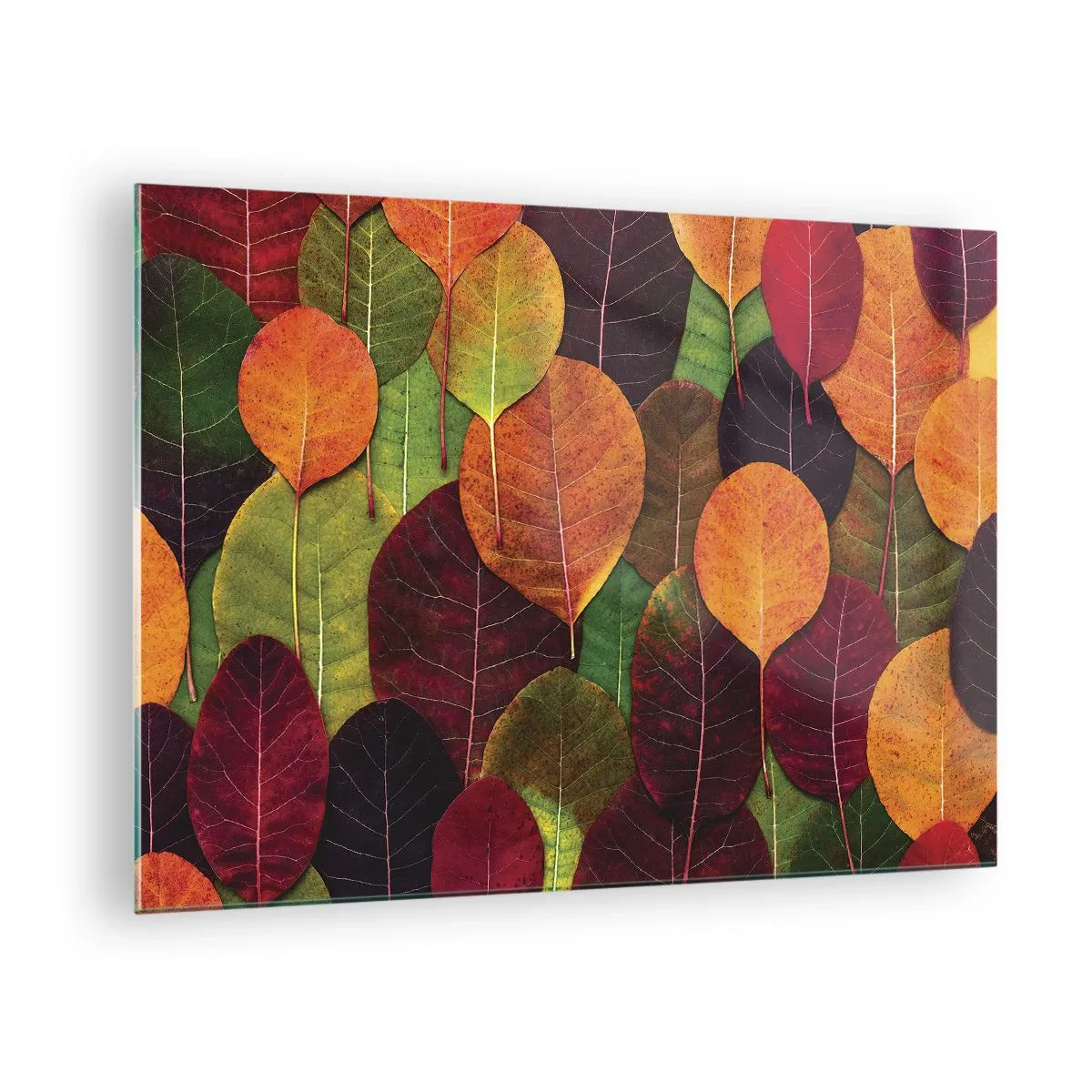Obraz na szkle - Kolorowe jesienne liście w artystycznym układzie - 70x50cm - Jesienna mozaika - Nowoczesna dekoracja ścienna do salonu i sypialni ARTTOR