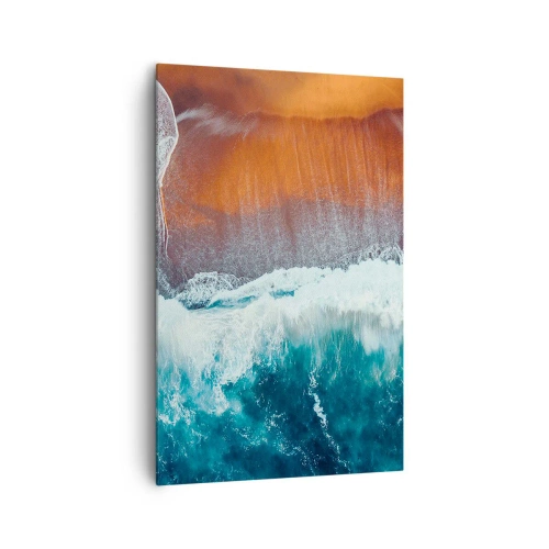 Obraz na płótnie - Widok na oceaniczne fale rozbijające się o złocistą plażę - 80x120cm - Dotyk oceanu - Nowoczesna dekoracja ścienna do salonu i sypialni ARTTOR