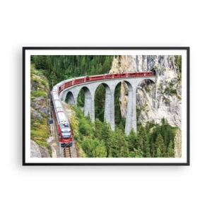 Plakat w czarnej ramie - Pociąg na malowniczym wiadukcie w górskim krajobrazie - 100x70cm - Kolej na górskie widoki - Nowoczesna dekoracja ścienna do salonu i sypialni ARTTOR