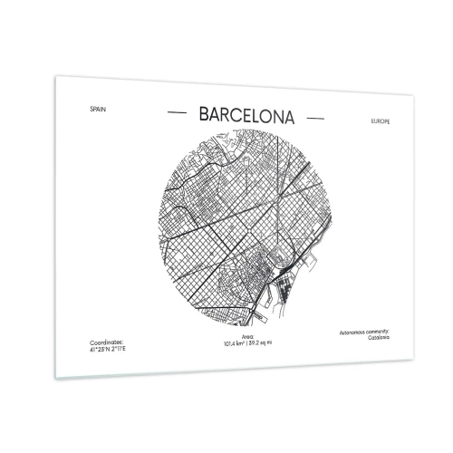 Obraz na szkle - Minimalistyczna mapa Barcelony w czarno-białej estetyce - 70x50cm - Anatomia Barcelony - Nowoczesna dekoracja ścienna do salonu i sypialni ARTTOR