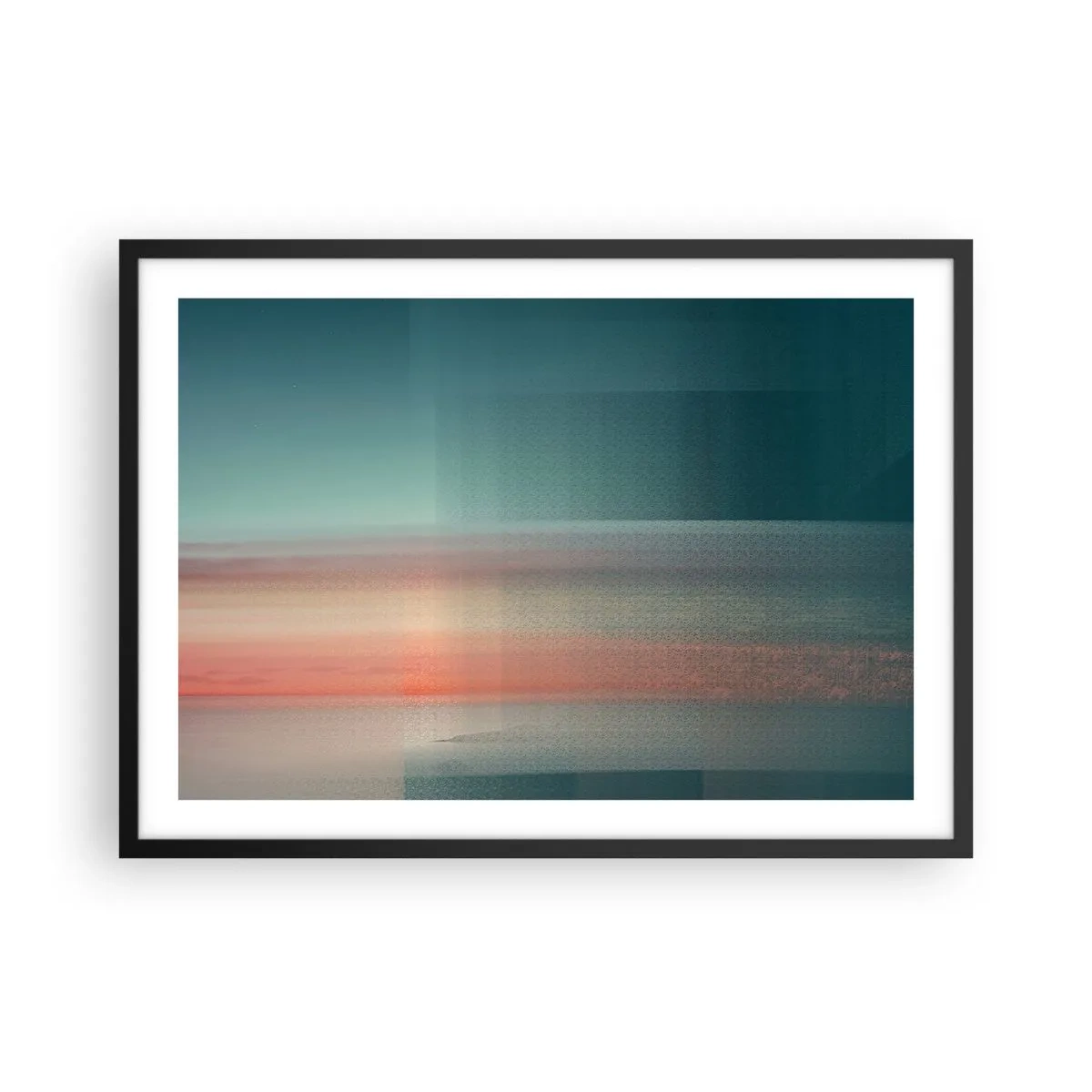 Plakat w czarnej ramie - Zachód słońca w pastelowych odcieniach nad spokojnym horyzontem - 70x50cm - Abstrakcja: fale światła - Nowoczesna dekoracja ścienna do salonu i sypialni ARTTOR