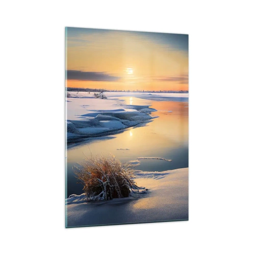 Obraz na szkle - Zimowy krajobraz z rzeką o zachodzie słońca - 80x120cm - Zimowy zachód słońca - Nowoczesna dekoracja ścienna do salonu i sypialni ARTTOR