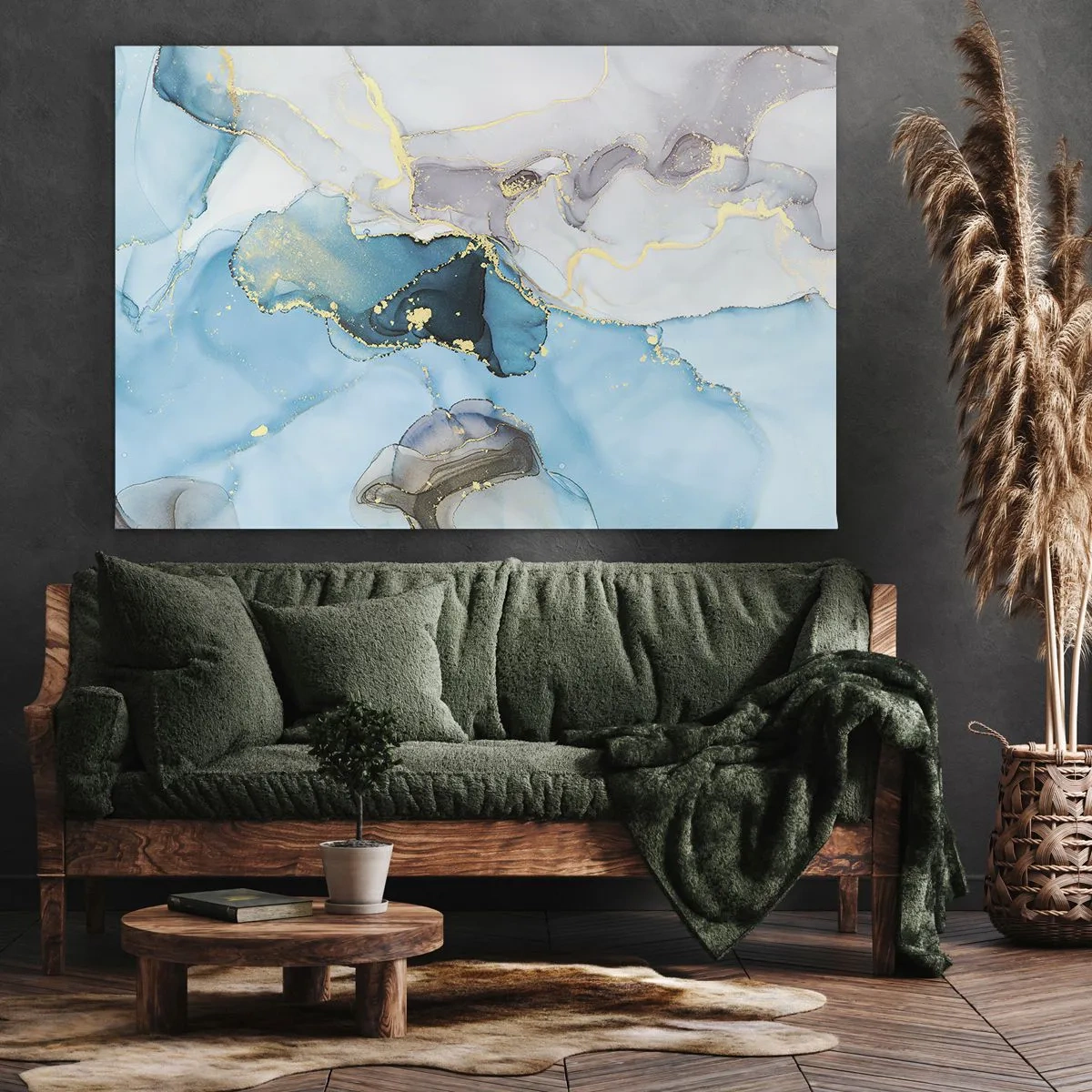 Obraz na płótnie - Abstrakcja w odcieniach błękitu i złota z subtelnymi liniami - 70x50cm - Studium spotkania szarości z turkusem - Nowoczesna dekoracja ścienna do salonu i sypialni ARTTOR