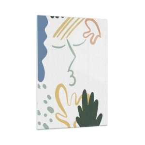 Obraz na szkle - Kolorowa abstrakcyjna twarz otoczona roślinnymi motywami - 70x100cm - Pocałunek kwiatów - Nowoczesna dekoracja ścienna do salonu i sypialni ARTTOR