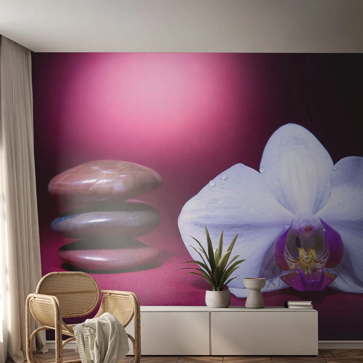 Fototapeta Premium Sand - Biała orchidea i kamienie na fioletowym tle - 100x70cm - Studium świeżości w fiolecie - Nowoczesna dekoracja ścienna do salonu, kuchni i sypialni ARTTOR