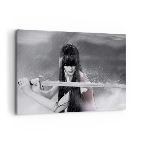 Obraz na płótnie - Kobieta z mieczem w deszczu o dynamicznym i tajemniczym wyglądzie - 120x80cm - Piękna i niebezpieczna - Nowoczesna dekoracja ścienna do salonu, kuchni i sypialni ARTTOR
