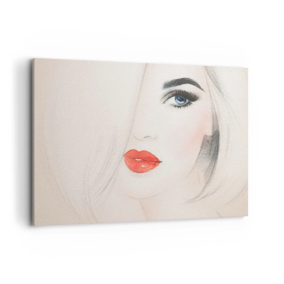Obraz na płótnie - Minimalistyczny portret kobiety z niebieskim okiem i czerwonymi ustami - 120x80cm - Hipnotyzuje i odurza - Nowoczesna dekoracja ścienna do salonu, kuchni i sypialni ARTTOR