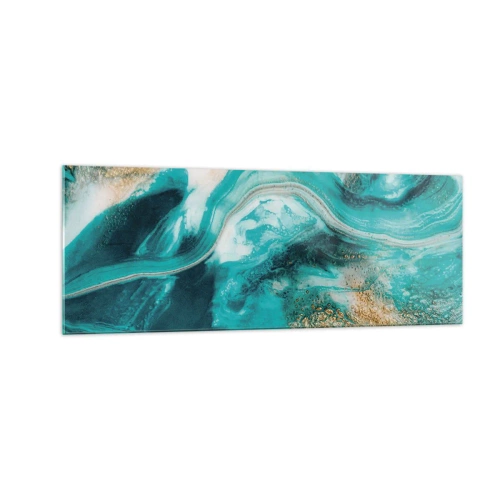 Obraz na szkle - Turkusowa abstrakcja z białymi i złotymi akcentami - 140x50cm - Rzeka złota - Nowoczesna dekoracja ścienna do salonu i sypialni ARTTOR