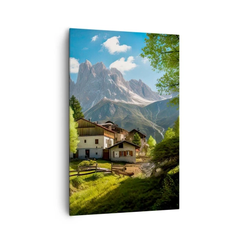 Obraz na płótnie - Górska wioska z domami i widokiem na szczyty Alp - 80x120cm - Alpejska sielanka - Nowoczesna dekoracja ścienna do salonu i sypialni ARTTOR