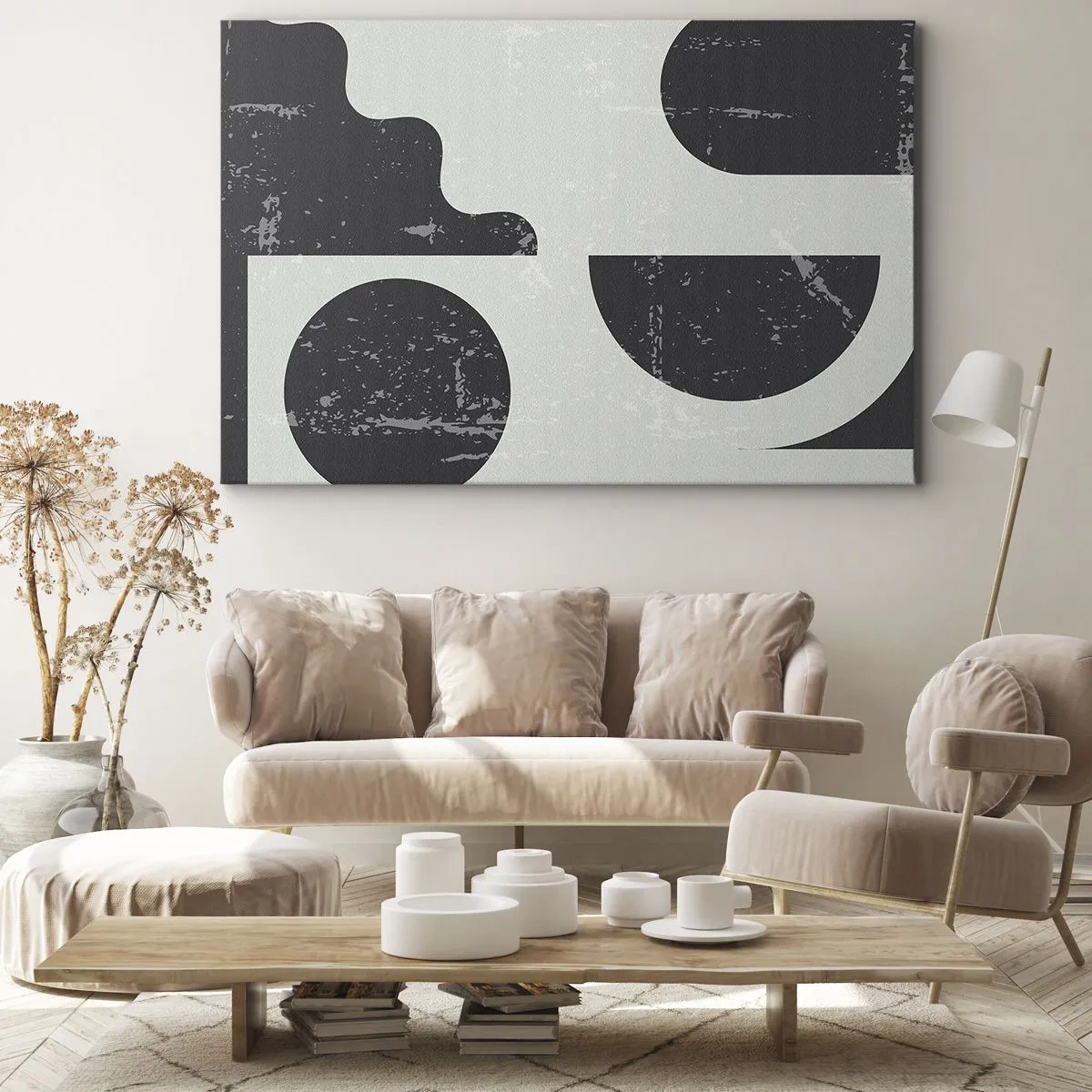 Obraz na płótnie - Geometryczne wzory w odcieniach czerni i szarości - 70x50cm - Kompozycja ponad i pod - Nowoczesna dekoracja ścienna do salonu i sypialni ARTTOR