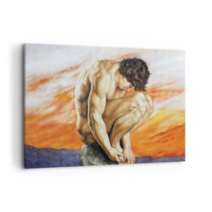 Obraz na płótnie - Mężczyzna w zamyśleniu na tle zachodu słońca - 100x70cm - Zatopiony w sobie - Nowoczesna dekoracja ścienna do salonu, kuchni i sypialni ARTTOR