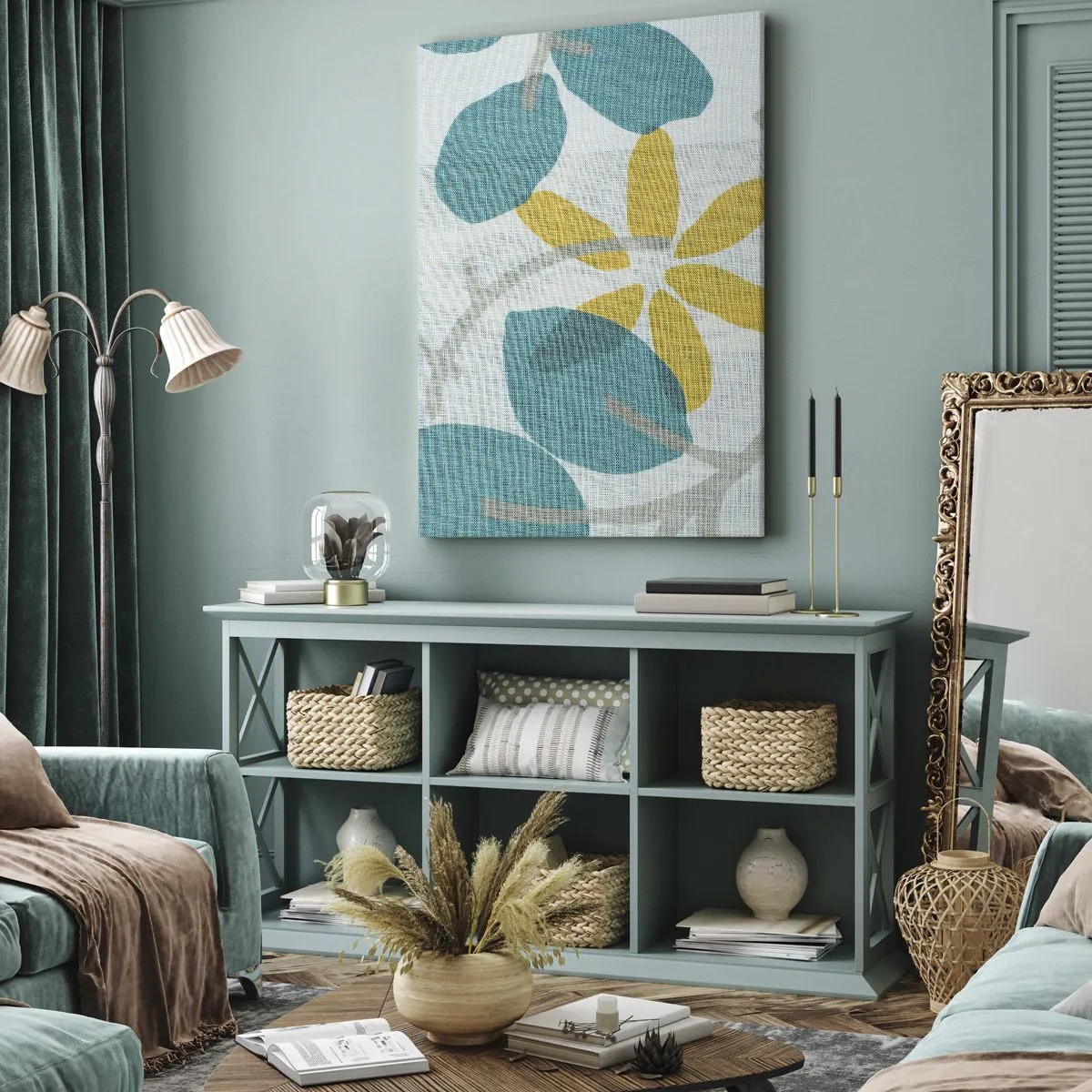 Obraz na płótnie - Delikatny wzór roślinny w odcieniach turkusu, szarości i żółci - 50x70cm - Wśród lazurowych liści - Nowoczesna dekoracja ścienna do salonu, kuchni i sypialni ARTTOR