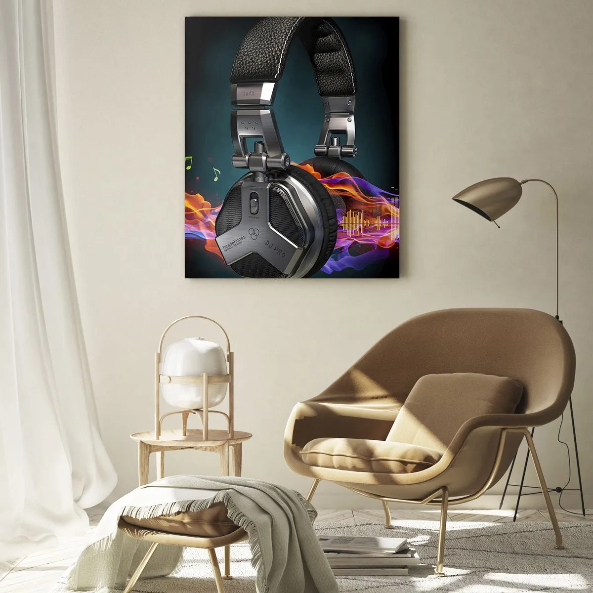 Obraz na szkle - Czarne słuchawki z efektem kolorowej muzycznej wizualizacji - 70x100cm - W ogniu muzyki - Nowoczesna dekoracja ścienna do salonu i sypialni ARTTOR
