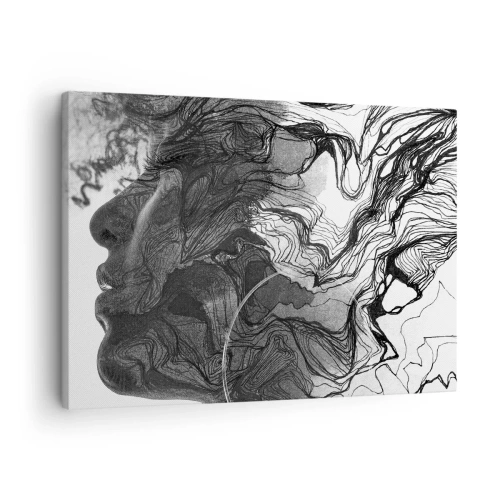 Obraz na płótnie - Abstrakcyjna twarz w czerni i bieli z dynamicznymi liniami - 70x50cm - Zaplątana w marzeniach - Nowoczesna dekoracja ścienna do salonu i sypialni ARTTOR
