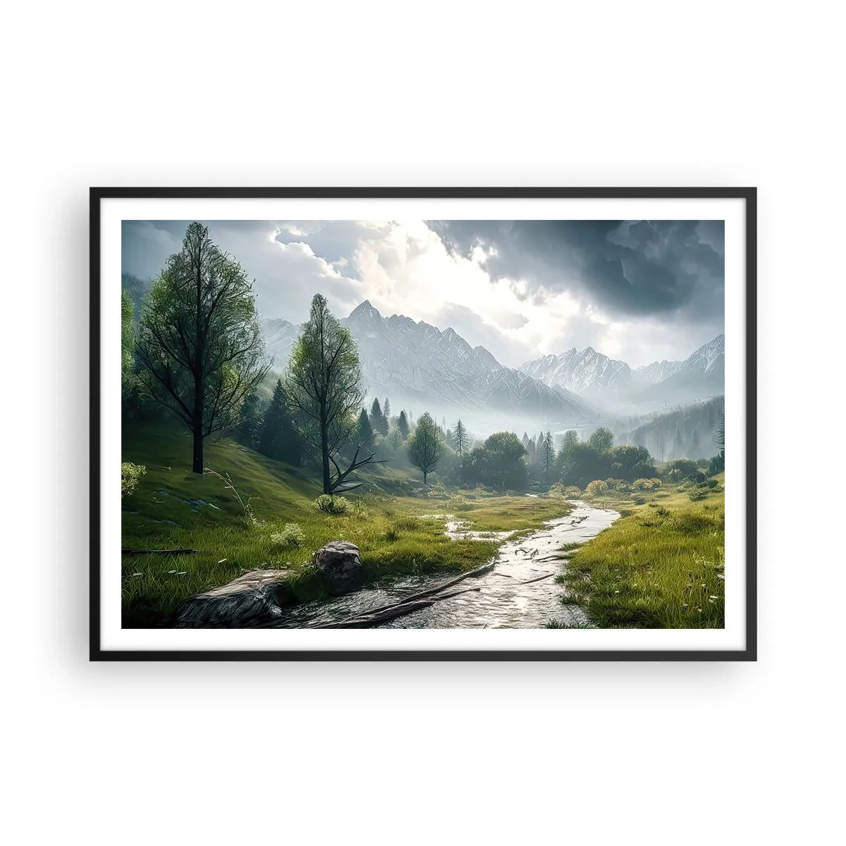 Plakat w czarnej ramie - Górski krajobraz z rzeką i drzewami w otoczeniu mglistych gór - 100x70cm - Tam i z powrotem - Nowoczesna dekoracja ścienna do salonu i sypialni ARTTOR