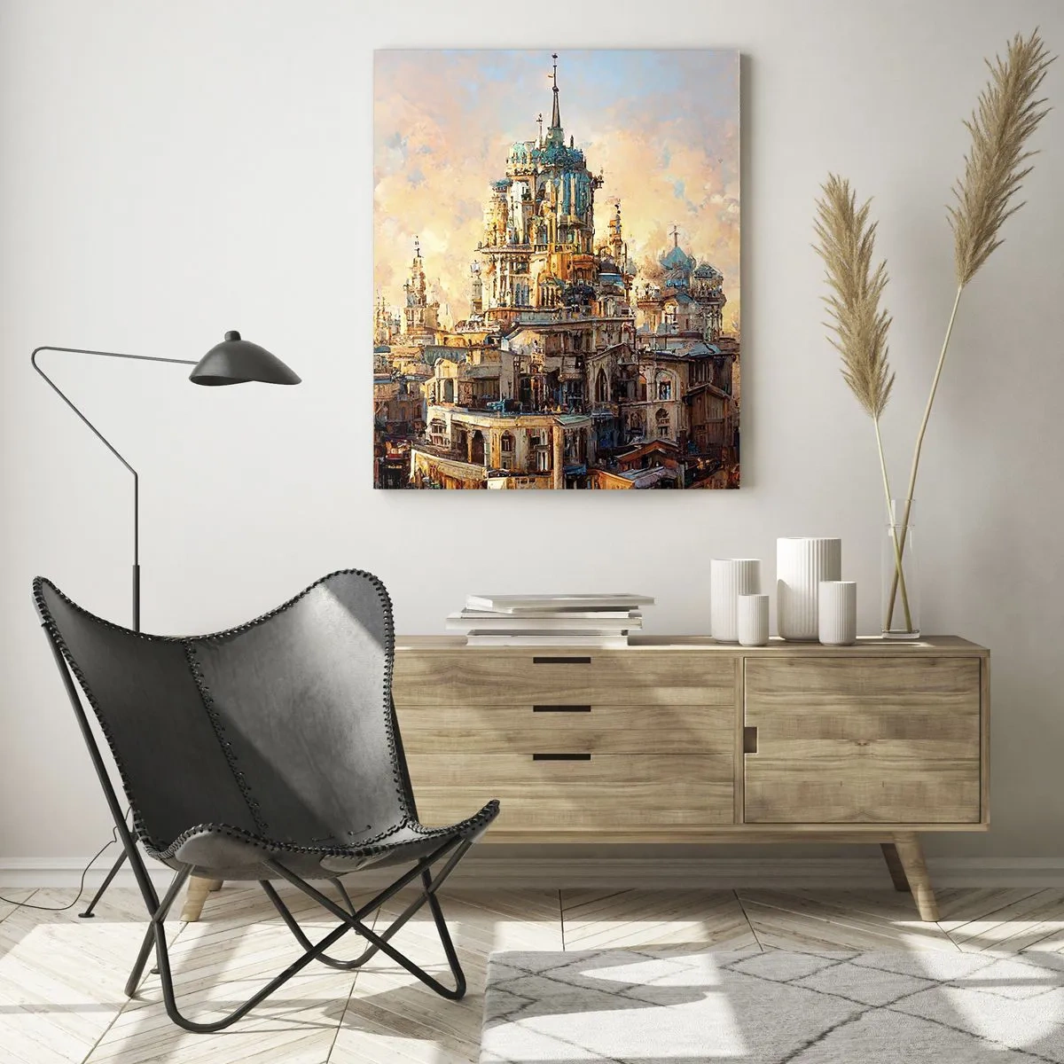 Obraz na szkle - Fantazyjna panorama miasta z wieżami i pałacami - 50x70cm - Miasto miast - Nowoczesna dekoracja ścienna do salonu, kuchni i sypialni ARTTOR