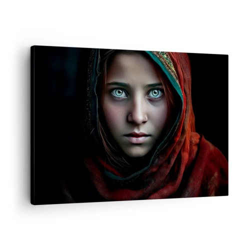 Obraz na płótnie - Portret kobiety z intensywnym spojrzeniem w ciepłych barwach - 70x50cm - Wschodnia księżniczka - Nowoczesna dekoracja ścienna do salonu i sypialni ARTTOR