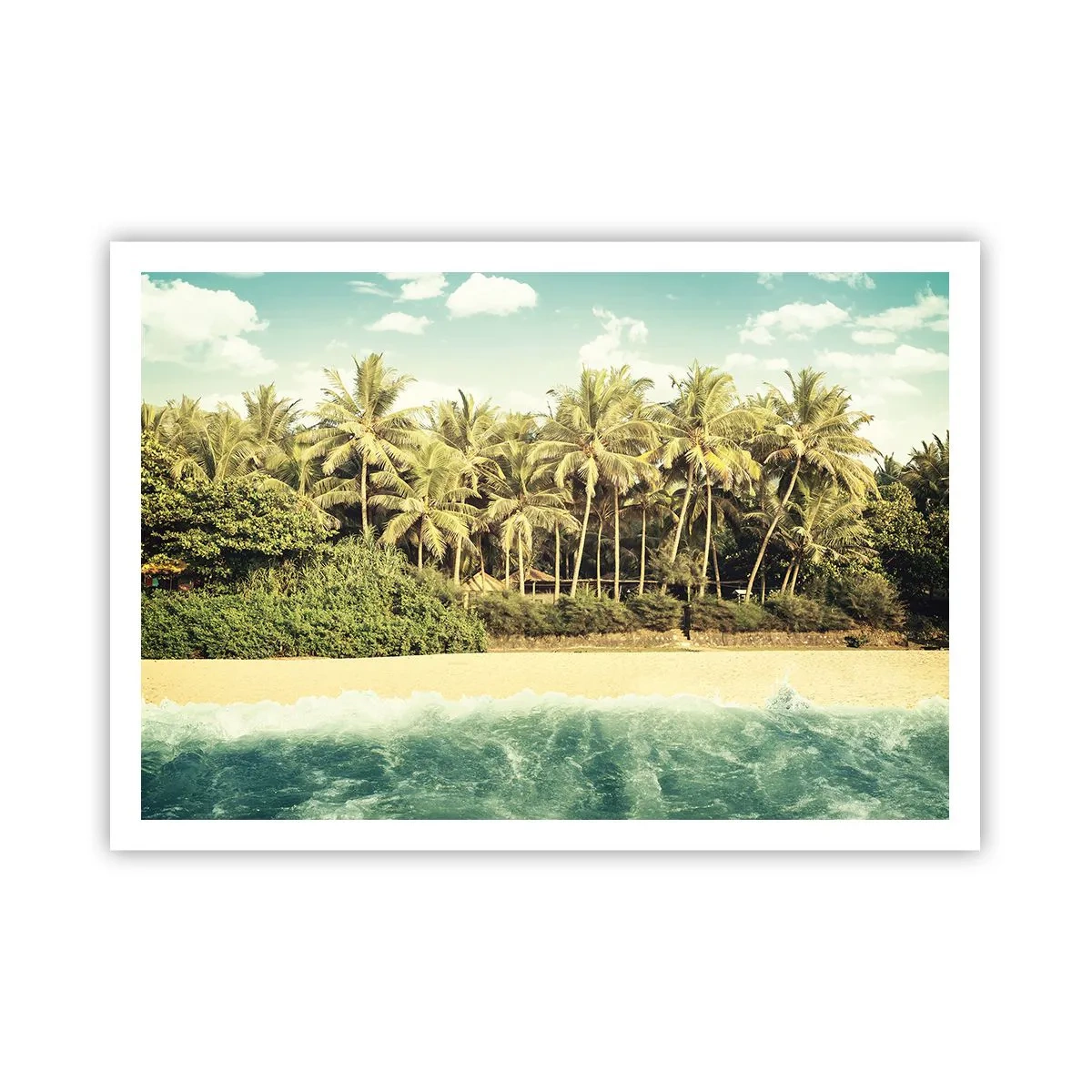 Plakat - Tropikalna plaża z palmami i turkusowym morzem - 100x70cm - A może tutaj? - Nowoczesna dekoracja ścienna do salonu i sypialni ARTTOR
