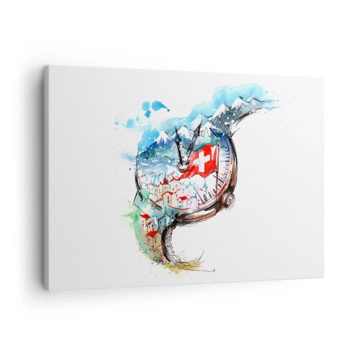 Obraz na płótnie - Akwarelowy krajobraz Szwajcarii w zegarku - 70x50cm - Duch Szwajcarii - Nowoczesna dekoracja ścienna do salonu i sypialni ARTTOR