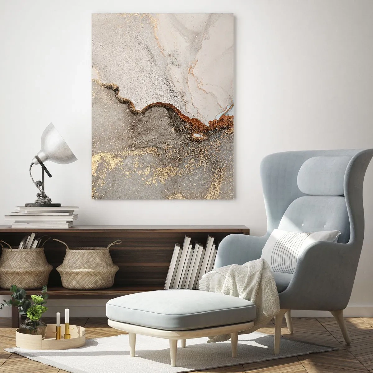 Obraz na szkle - Abstrakcyjna kompozycja z beżem, złotem i grafitem - 50x70cm - Na granicy barw - Nowoczesna dekoracja ścienna do salonu, kuchni i sypialni ARTTOR