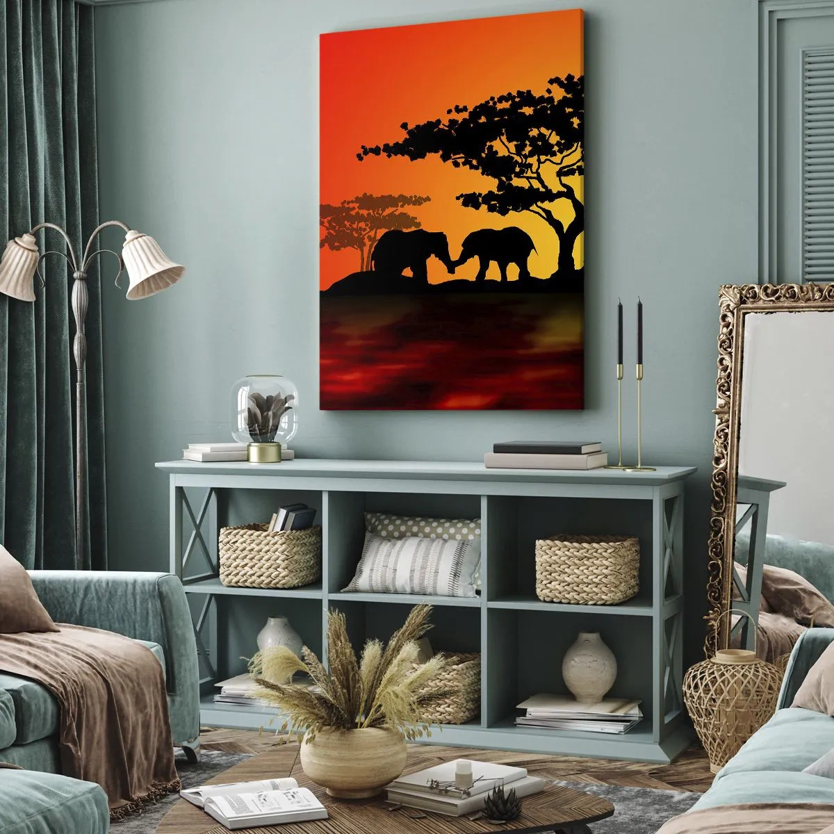 Obraz na płótnie - Słonie pod drzewem na tle afrykańskiego zachodu słońca - 50x70cm - Spotkanie na sawannie - Nowoczesna dekoracja ścienna do salonu, kuchni i sypialni ARTTOR