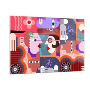 Obraz na szkle - Abstrakcyjna kompozycja twarzy i kształtów w intensywnych barwach - 120x80cm - Oko w oko - Nowoczesna dekoracja ścienna do salonu, kuchni i sypialni ARTTOR