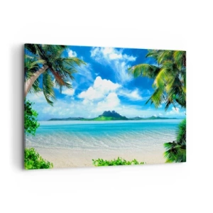 Obraz na płótnie - Tropikalna plaża z palmami i widokiem na wyspę - 120x80cm - Lazur tropików - Nowoczesna dekoracja ścienna do salonu, kuchni i sypialni ARTTOR