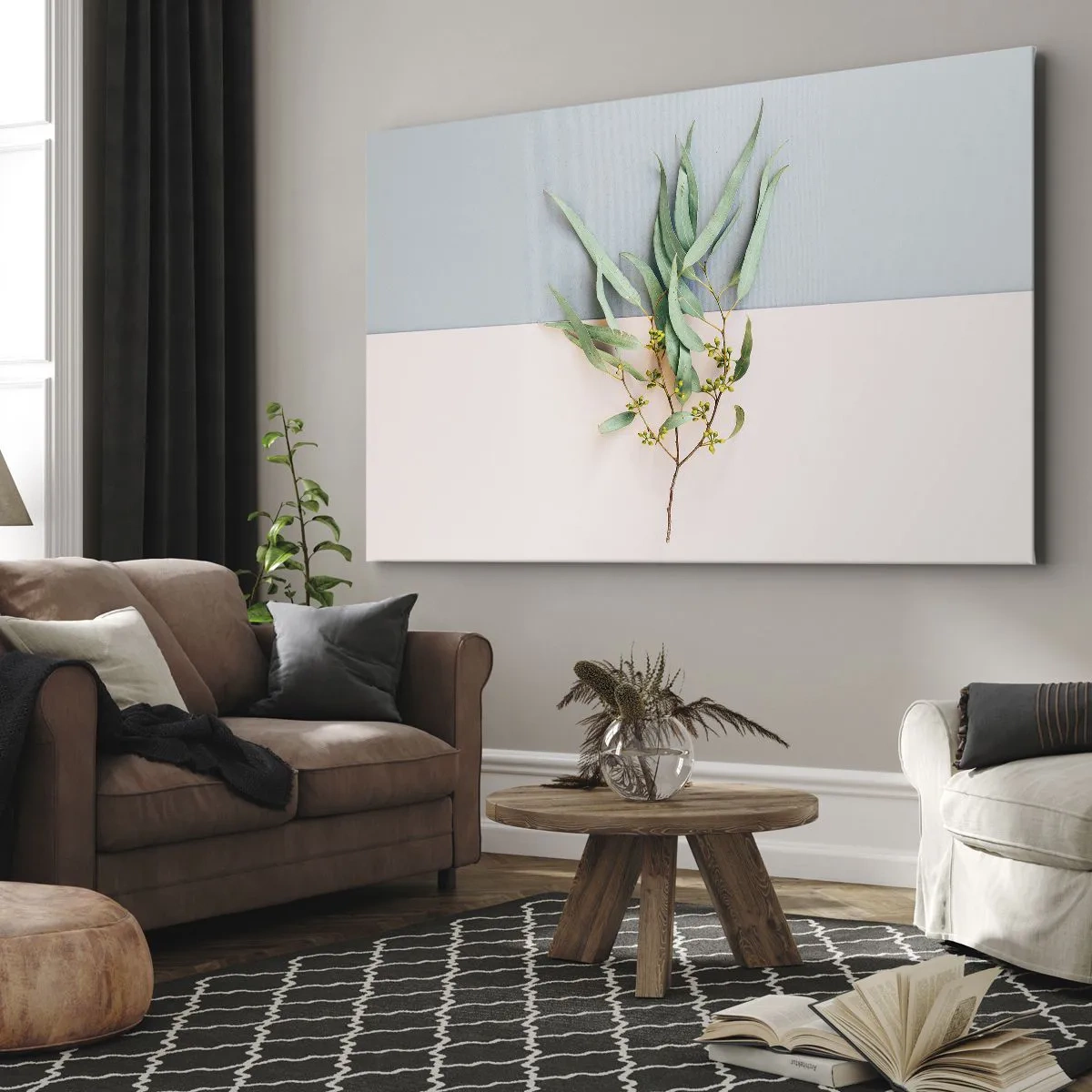 Obraz na płótnie - Gałązka z liśćmi na tle pastelowych odcieni - 70x50cm - Pastelowa subtelność - Nowoczesna dekoracja ścienna do salonu i sypialni ARTTOR