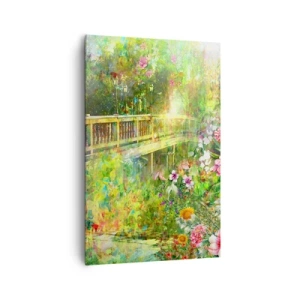 Obraz na płótnie - Most w otoczeniu bujnej roślinności i kwiatów - 80x120cm - Mostek wiosennych westchnień - Nowoczesna dekoracja ścienna do salonu i sypialni ARTTOR