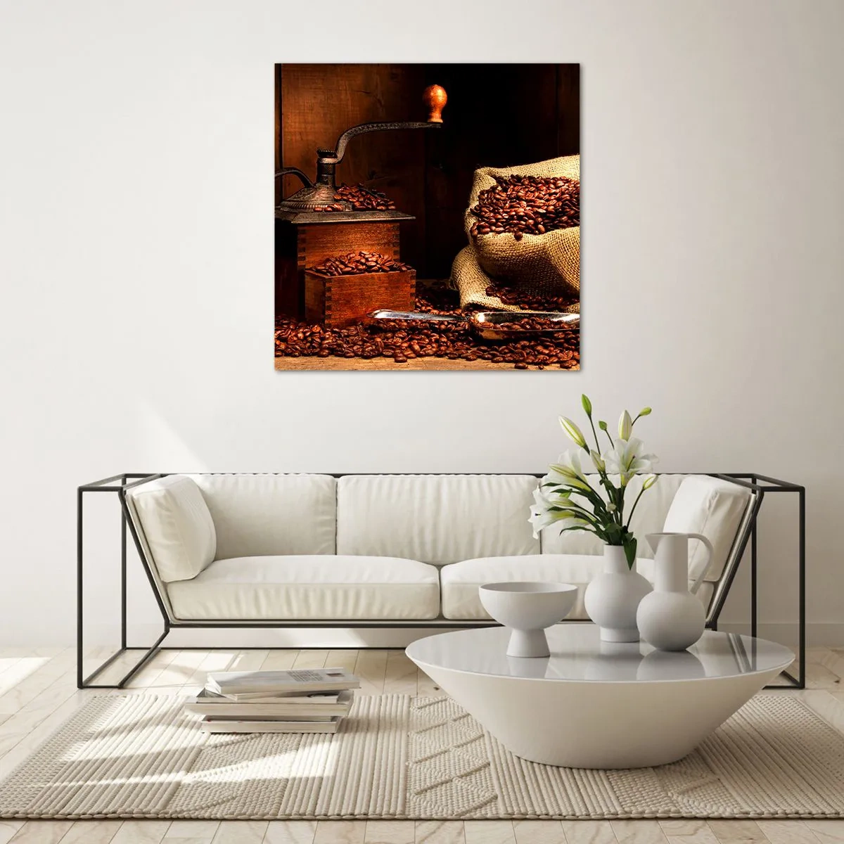 Obraz na szkle - Martwa natura z ziarnami kawy i młynkiem - 70x70 cm