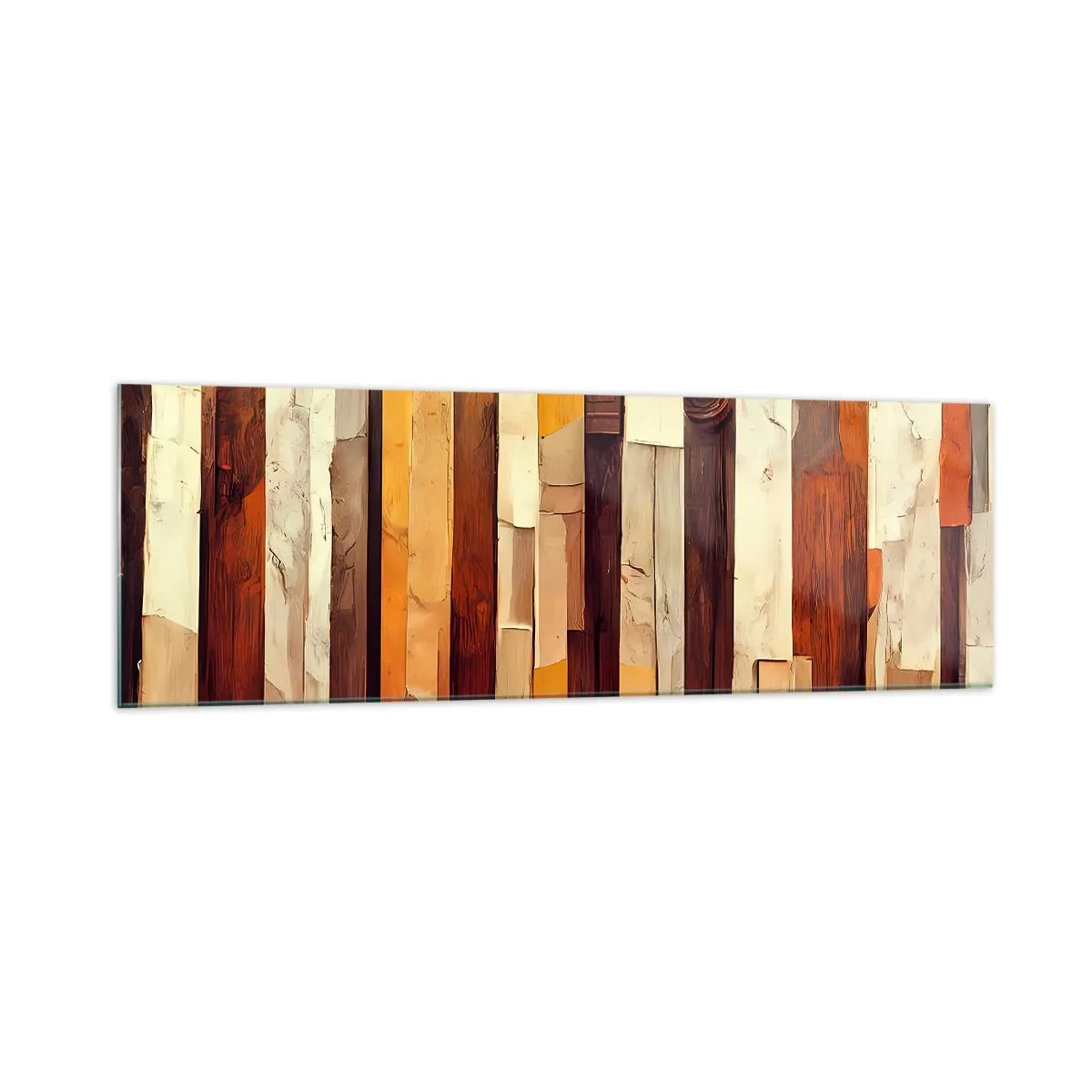 Obraz na szkle - Geometryczna kompozycja w odcieniach drewna i złota - 160x50cm - Hymn leśnych drzew - Nowoczesna dekoracja ścienna do salonu i sypialni ARTTOR