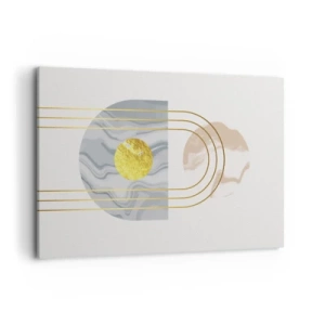 Obraz na płótnie - Abstrakcyjna kompozycja z okręgami i złotymi liniami na jasnym tle - 120x80cm - Jasność i blask - Nowoczesna dekoracja ścienna do salonu, kuchni i sypialni ARTTOR