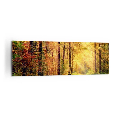 Obraz na płótnie - Leśna ścieżka otoczona złotymi i zielonymi drzewami - 160x50cm - Leśno-złota cisza - Nowoczesna dekoracja ścienna do salonu i sypialni ARTTOR
