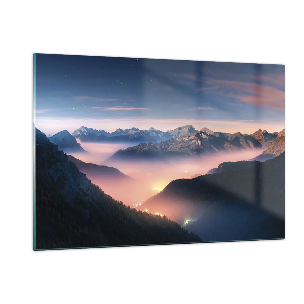 Obraz na szkle - Górski krajobraz o zachodzie słońca z mgłą w dolinie - 120x80cm - Światło w dolinach - Nowoczesna dekoracja ścienna do salonu, kuchni i sypialni ARTTOR