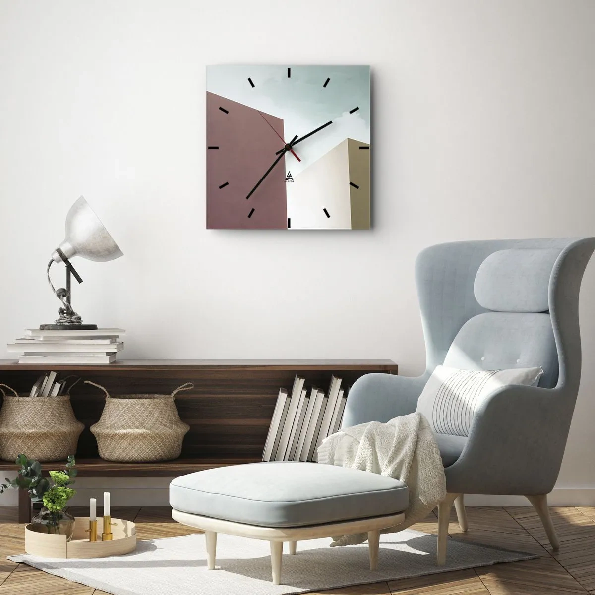 Zegar ścienny - Minimalistyczna architektura z pastelowymi blokami i niebem - 30x30cm - Geometria słonecznego lata - Nowoczesna dekoracja ścienna do salonu i sypialni ARTTOR