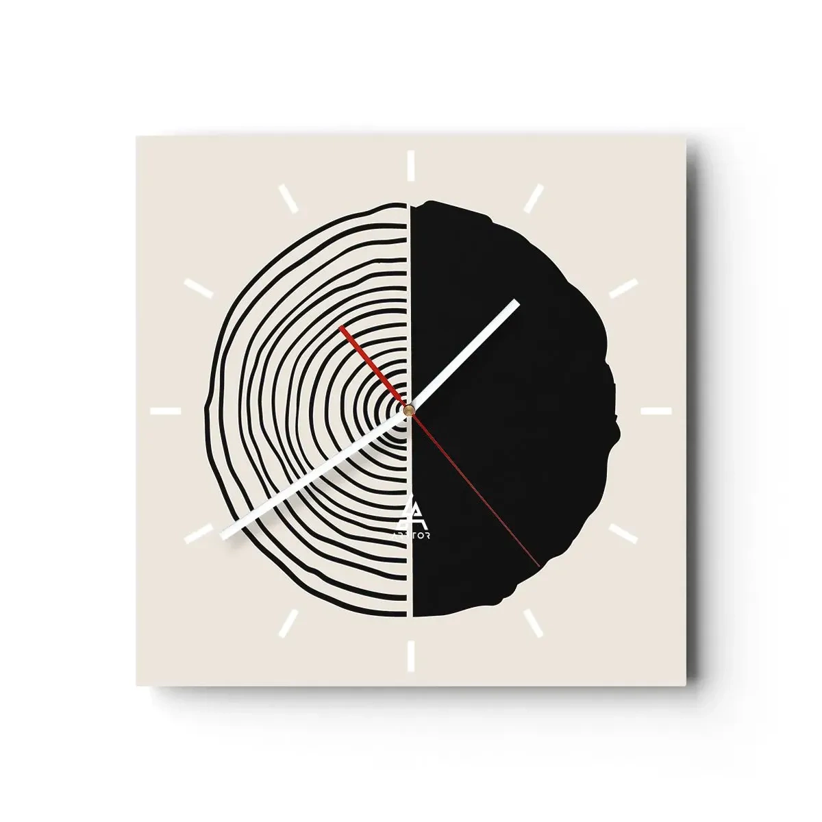 Zegar ścienny - Abstrakcyjny czarno-biały motyw inspirowany przekrojem drewna z geometrycznym podziałem - 30x30cm - Pół na pół - Nowoczesna dekoracja ścienna do salonu i sypialni ARTTOR