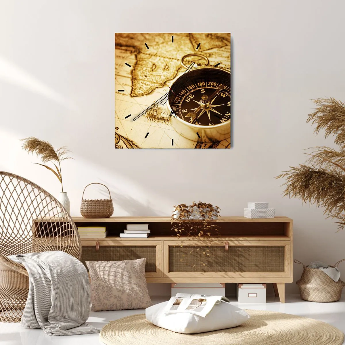 Zegar ścienny - Zabytkowy kompas na tle starej mapy świata - 30x30cm - Na wschód czy na zachód? - Nowoczesna dekoracja ścienna do salonu i sypialni ARTTOR